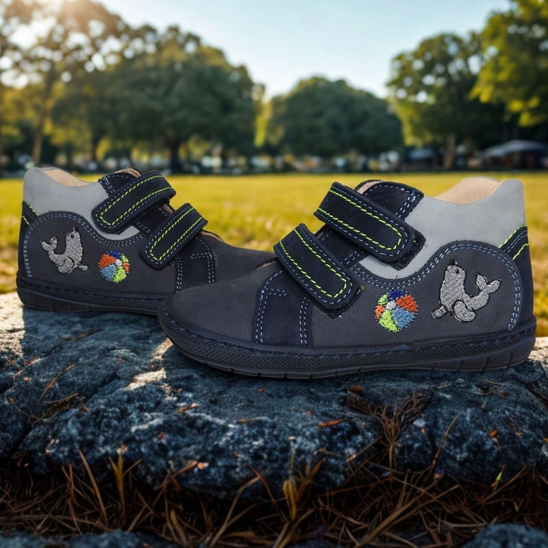 Szamos Kids Boys’ Genuine Leather Shoes – Ergonomic Supportive Sole, Stable Heel, Flexible Forefoot, Adjustable Hook & Loop Straps, Embroidered – Navy with Seal & Ball Design - Image 3